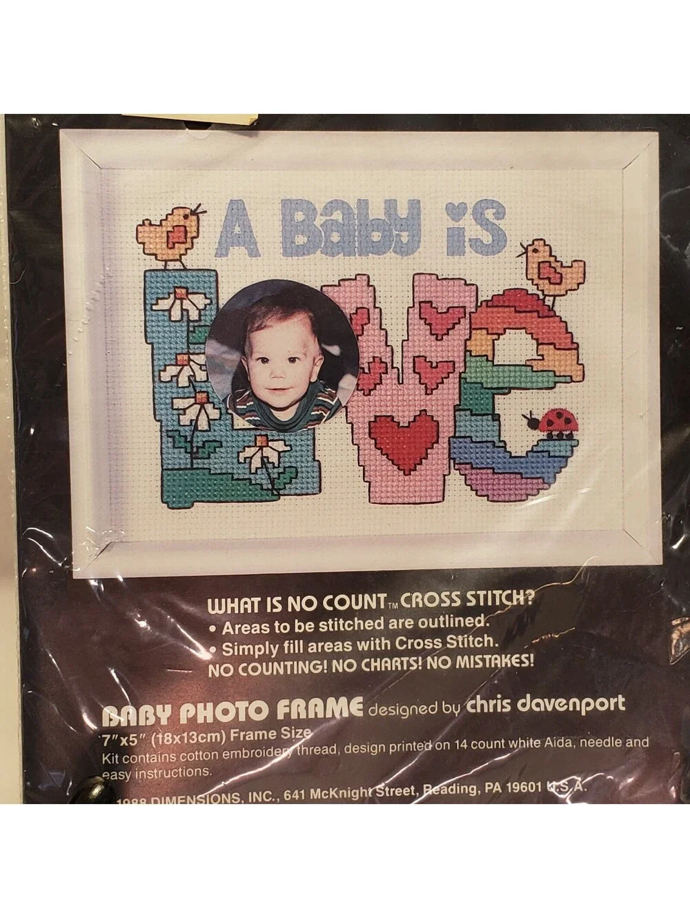 Vintage Dimensions No Count Cross Stitch Kit Baby Photo Frame LOVE #6526 NEW
